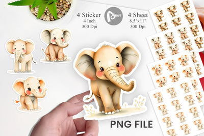 Watercolor Sticker Elephant Wildlife Sublimation artnoy 
