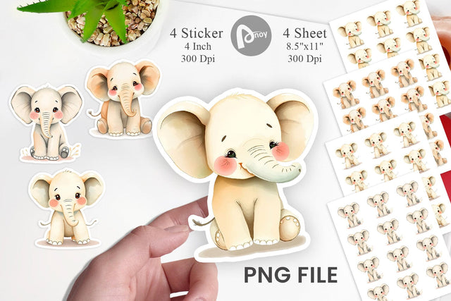 Watercolor Sticker Elephant Wildlife Sublimation artnoy 