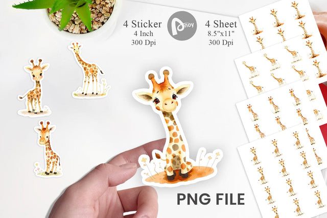 Watercolor Sticker Giraffe Wildlife Sublimation artnoy 