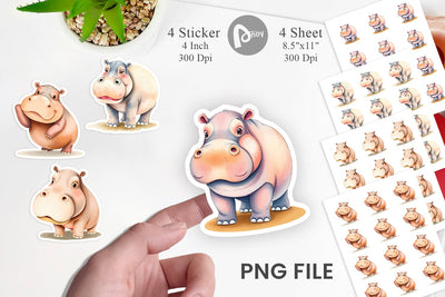 Watercolor Sticker Hippopotamus Wildlife Sublimation artnoy 