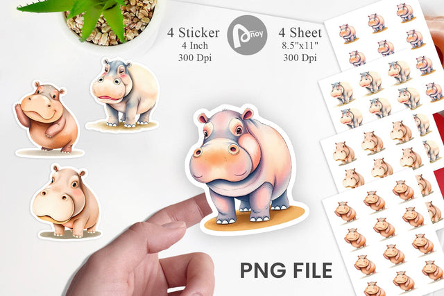 Watercolor Sticker Hippopotamus Wildlife Sublimation artnoy 