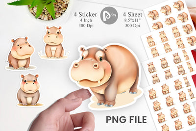 Watercolor Sticker Hippopotamus Wildlife Sublimation artnoy 
