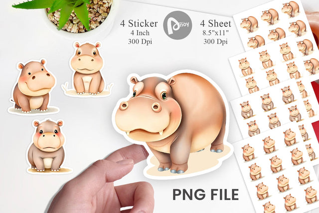 Watercolor Sticker Hippopotamus Wildlife Sublimation artnoy 