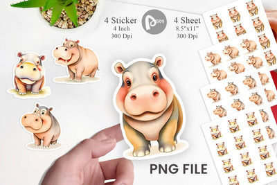 Watercolor Sticker Hippopotamus Wildlife Sublimation artnoy 