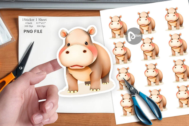 Watercolor Sticker Hippopotamus Wildlife Sublimation artnoy 