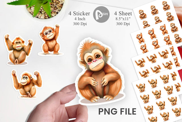 Watercolor Sticker Orangutan Wildlife Sublimation artnoy 