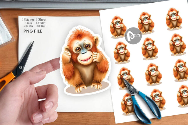 Watercolor Sticker Orangutan Wildlife Sublimation artnoy 