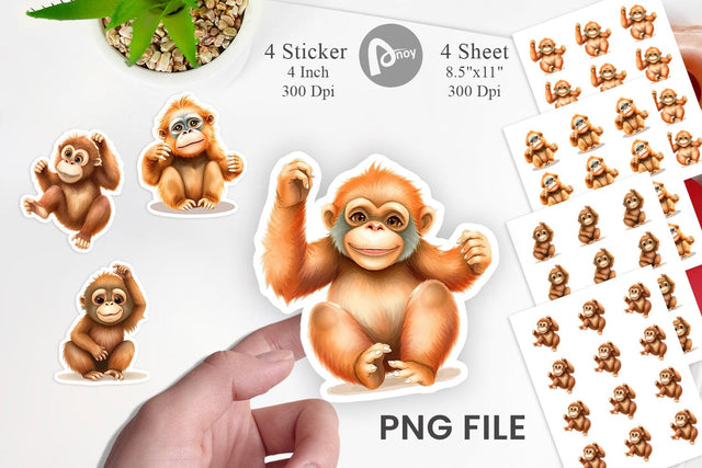 Watercolor Sticker Orangutan Wildlife Sublimation artnoy 