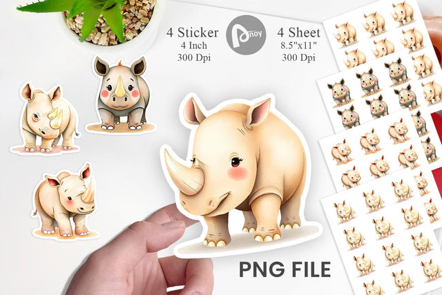 Watercolor Sticker Rhinoceros Wildlife Sublimation artnoy 