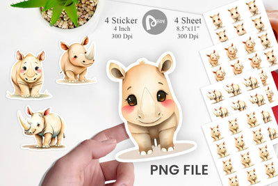 Watercolor Sticker Rhinoceros Wildlife Sublimation artnoy 