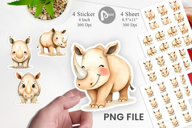 Watercolor Sticker Rhinoceros Wildlife Sublimation artnoy 