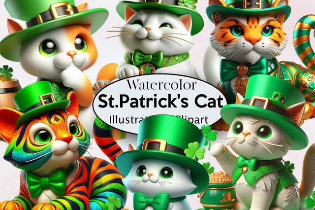Watercolor St.Patrick's Cat Clipart Bundle Sublimation SVGArt 