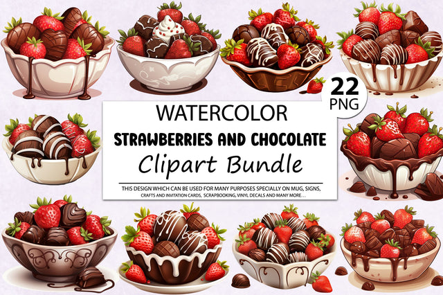 Watercolor Strawberries and Chocolate Clipart Bundle Sublimation Regulrcrative 