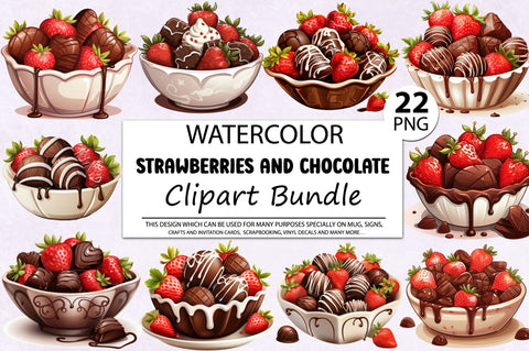 Watercolor Strawberries and Chocolate Clipart Bundle Sublimation Regulrcrative 