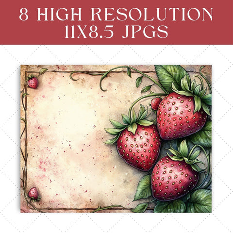 Watercolor Strawberries Junk Journal Paper | Printable Junk Journal Paper SVG Paige Cole Studio 