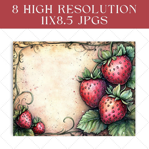 Watercolor Strawberries Junk Journal Paper | Printable Junk Journal Paper SVG Paige Cole Studio 