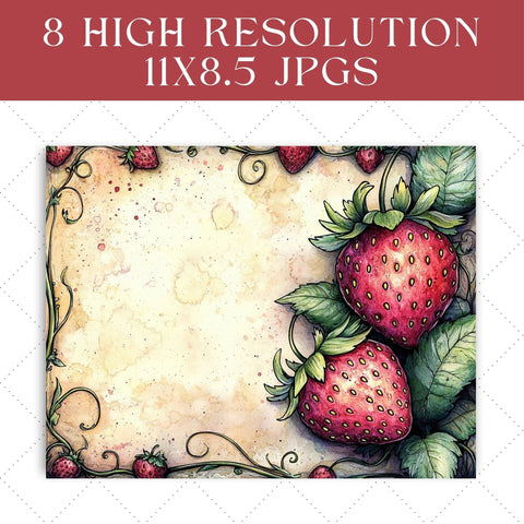 Watercolor Strawberries Junk Journal Paper | Printable Junk Journal Paper SVG Paige Cole Studio 