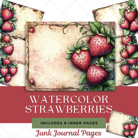 Watercolor Strawberries Junk Journal Paper | Printable Junk Journal Paper SVG Paige Cole Studio 