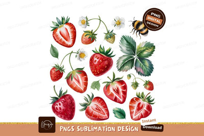 Watercolor Strawberries With Bee Sublimation Png Sublimation Designangry 