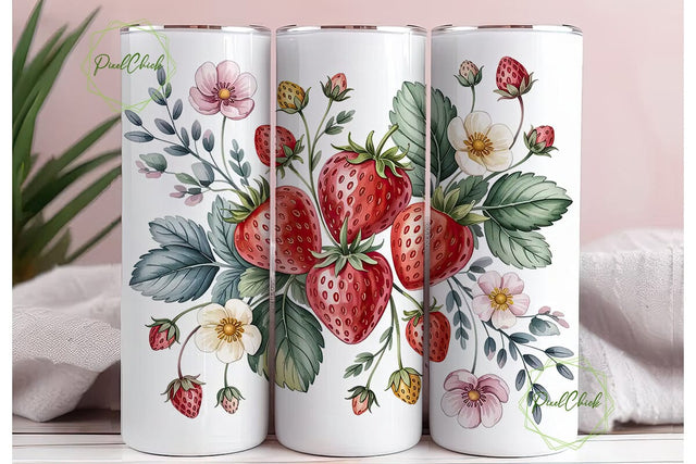 Watercolor Strawberry Floral Tumbler Sublimation PixelChick 