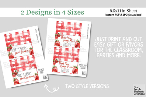 Watercolor Strawberry Fruit Printable Treat Bag Topper Card Digital Pattern Fine Purple Elephant Creations 