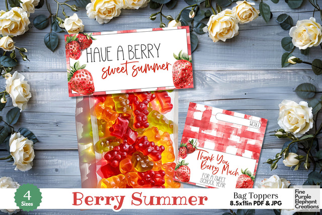 Watercolor Strawberry Fruit Printable Treat Bag Topper Card Digital Pattern Fine Purple Elephant Creations 
