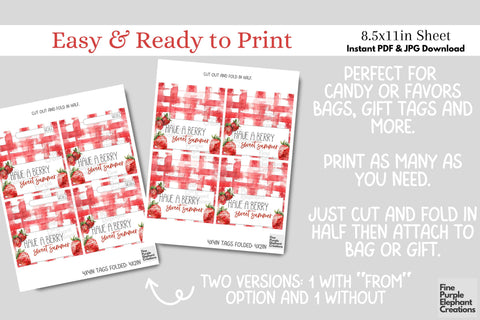 Watercolor Strawberry Fruit Printable Treat Bag Topper Card Digital Pattern Fine Purple Elephant Creations 