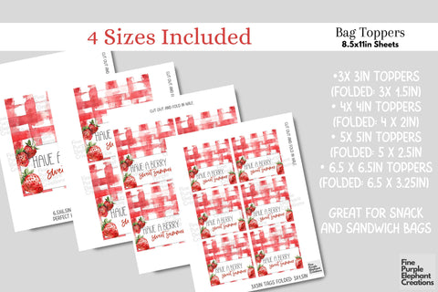 Watercolor Strawberry Fruit Printable Treat Bag Topper Card Digital Pattern Fine Purple Elephant Creations 