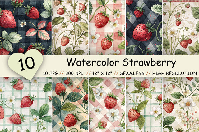 Watercolor Strawberry Gingham Paper, Seamless Digital Fruit Pattern Pack, Printable Scrapbook Paper, Summer Botanical Design Bundle Digital Pattern FloridPrintables 