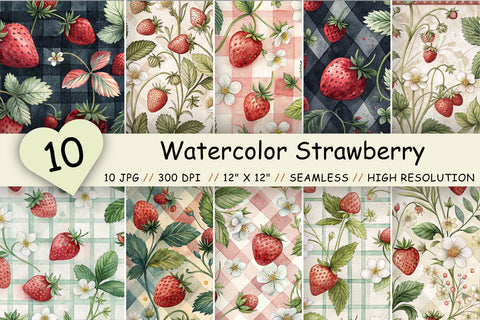Watercolor Strawberry Gingham Paper, Seamless Digital Fruit Pattern Pack, Printable Scrapbook Paper, Summer Botanical Design Bundle Digital Pattern FloridPrintables 