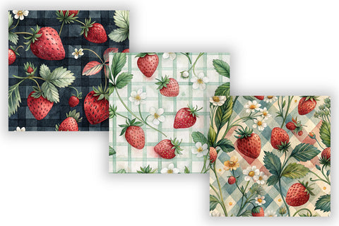 Watercolor Strawberry Gingham Paper, Seamless Digital Fruit Pattern Pack, Printable Scrapbook Paper, Summer Botanical Design Bundle Digital Pattern FloridPrintables 