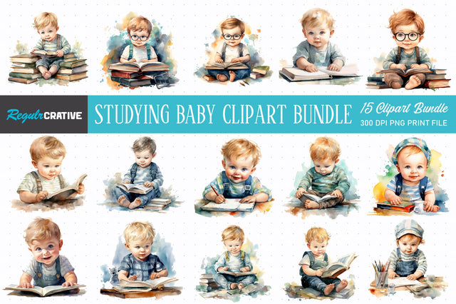 Watercolor Studying Baby Clipart Bundle Sublimation Regulrcrative 