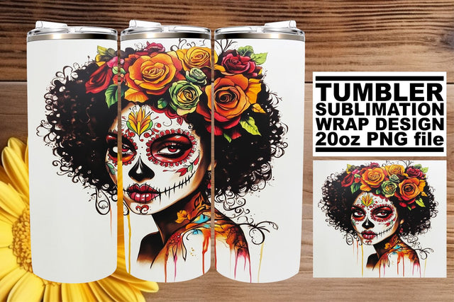 Watercolor Sugar Skull Art Wrap – 20oz Tumbler Design Sublimation afrosvg 