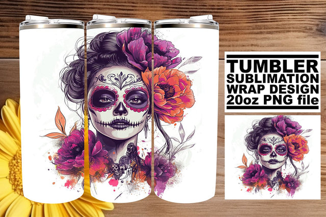 Watercolor Sugar Skull Wrap – 20oz Tumbler Art Sublimation afrosvg 