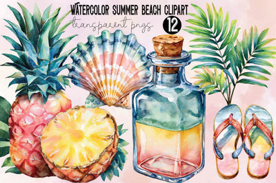 Watercolor Summer Beach Clipart Bundle. Sublimation SVGArt 