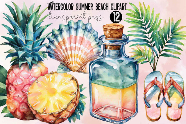 Watercolor Summer Beach Clipart Bundle. Sublimation SVGArt 