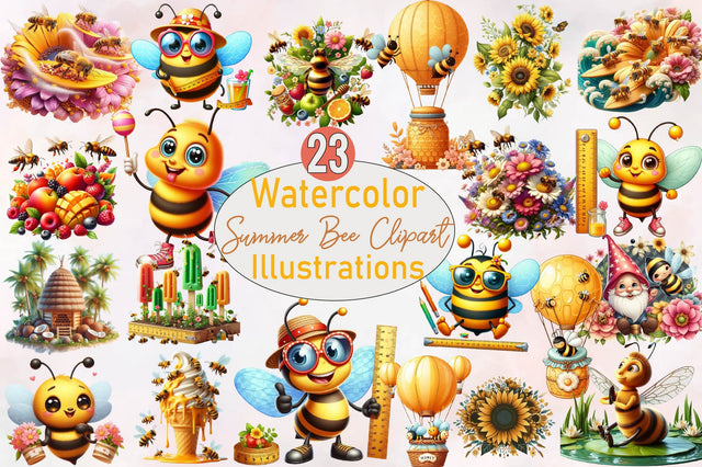 Watercolor Summer Bee Clipart Bundle* Sublimation SVGArt 