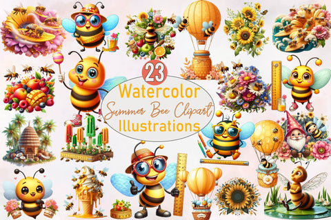 Watercolor Summer Bee Clipart Bundle* Sublimation SVGArt 