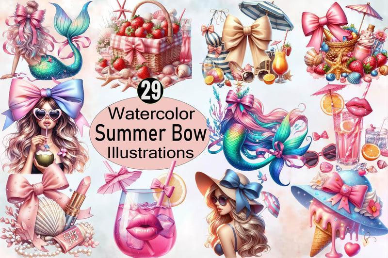 Watercolor Summer Bow Sublimation Clipart Bundle Sublimation SVGArt 