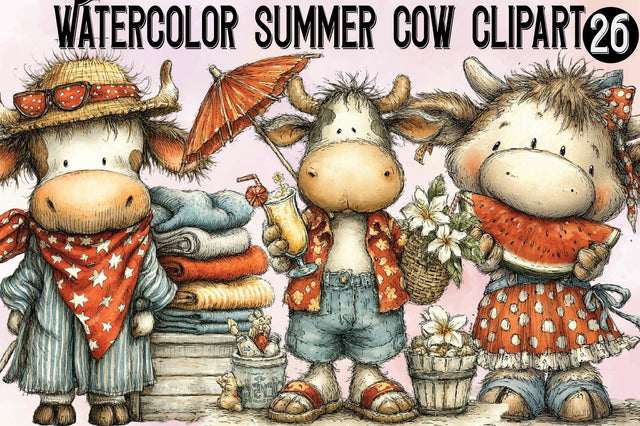 Watercolor Summer Cow Clipart Bundle. Sublimation SVGArt 