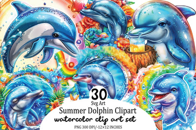 Watercolor Summer Dolphin Clipart Bundle. Sublimation SVGArt 