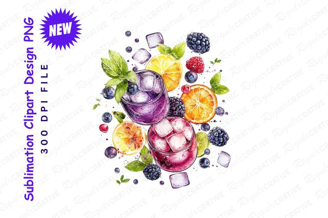 Watercolor Summer Drinks With Fresh Fruits Sublimation Regulrcrative 