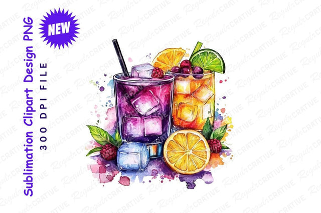 Watercolor Summer Drinks With Ice Clipart Png Sublimation Regulrcrative 