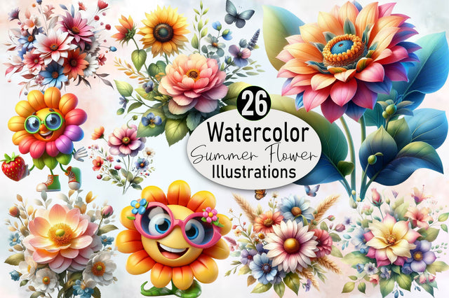 Watercolor Summer Flower Sublimation Clipart Bundle Sublimation SVGArt 