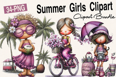 Watercolor Summer Girls Clipart Bundle. Sublimation SVGArt 