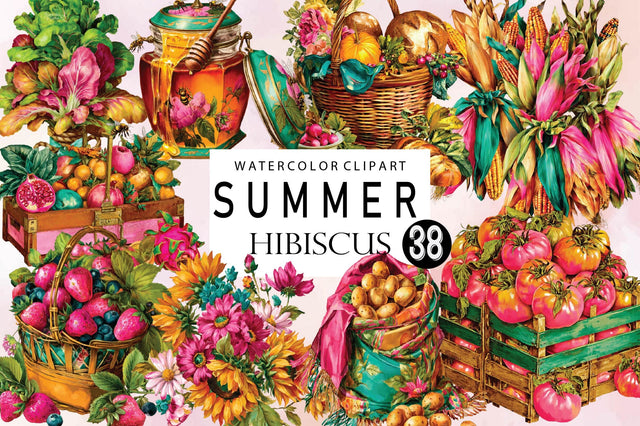 Watercolor Summer Hibiscus Clipart Bundle. Sublimation SVGArt 