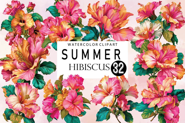 Watercolor Summer Hibiscus Clipart Sublimation SVGArt 