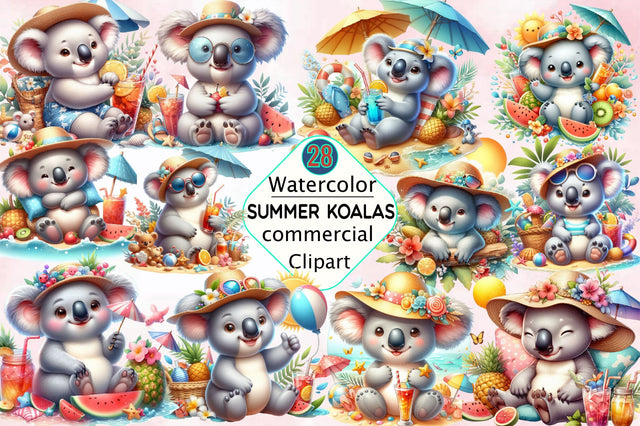 Watercolor Summer Koalas Clipart Bundle Sublimation SVGArt 