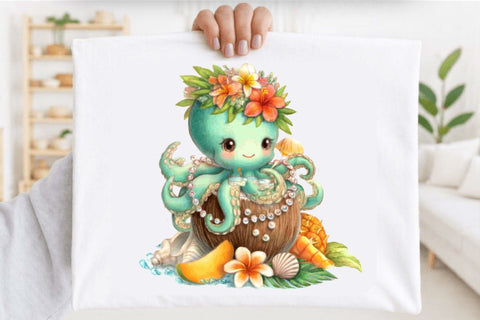 Watercolor Summer Octopus Clipart Bundle. Sublimation SVGArt 