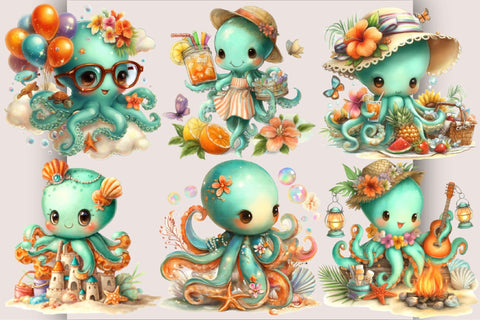 Watercolor Summer Octopus Clipart Bundle. Sublimation SVGArt 